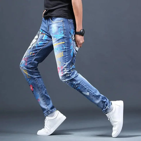 Slim Fit Korean Streetwear Graphical Printed Luxury Hip-Hop Stretch Denim Jeans for Men - Perfect Medium Wash Jeans Outfit